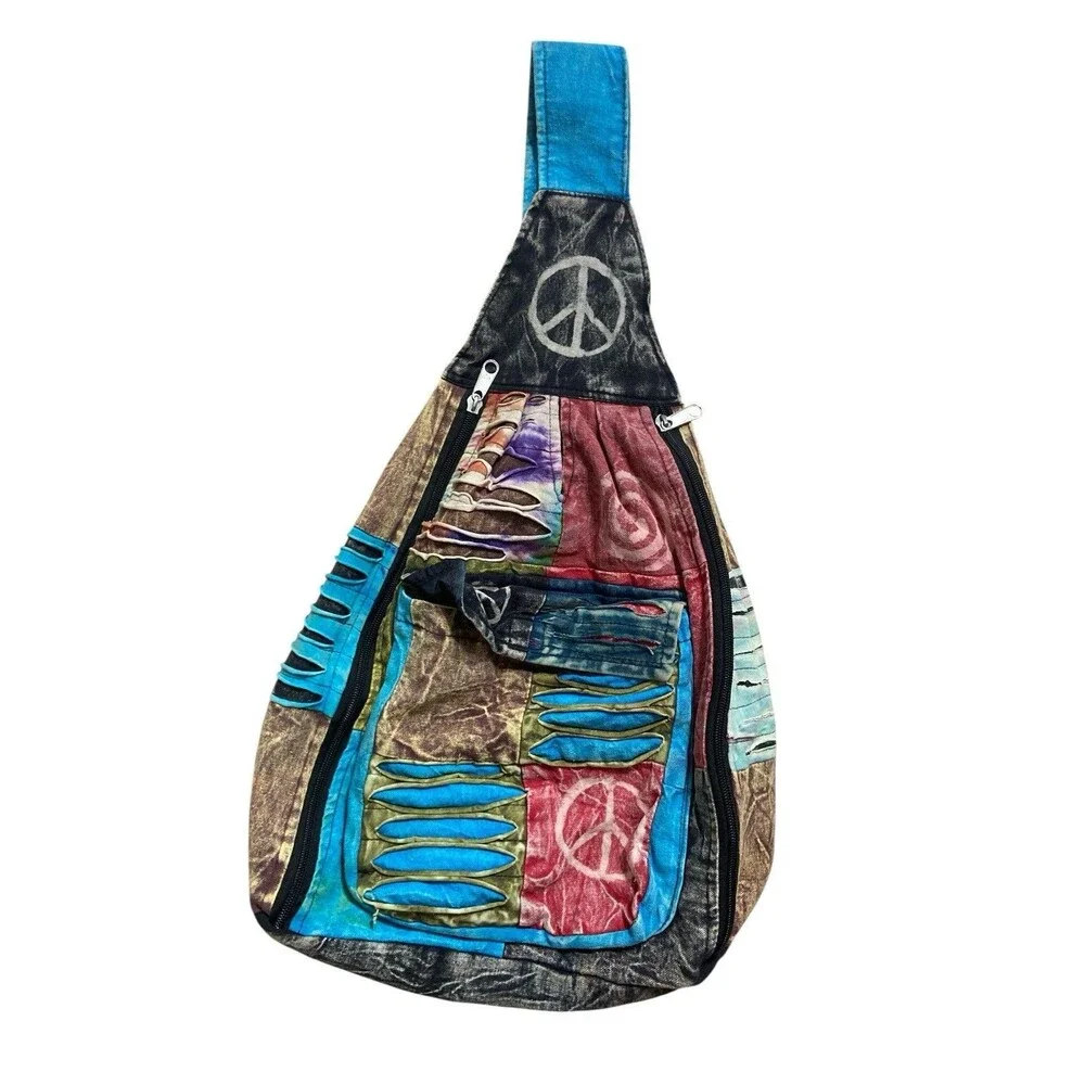 Rising International Boho Sling Backpack Bag Patchwork Peace Sign Hippie Fe boho